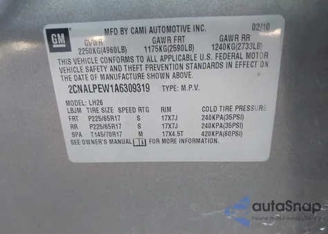 2010 Chevrolet Equinox Lt из США, поврежденный, VIN 2CNALPEW1A6309319